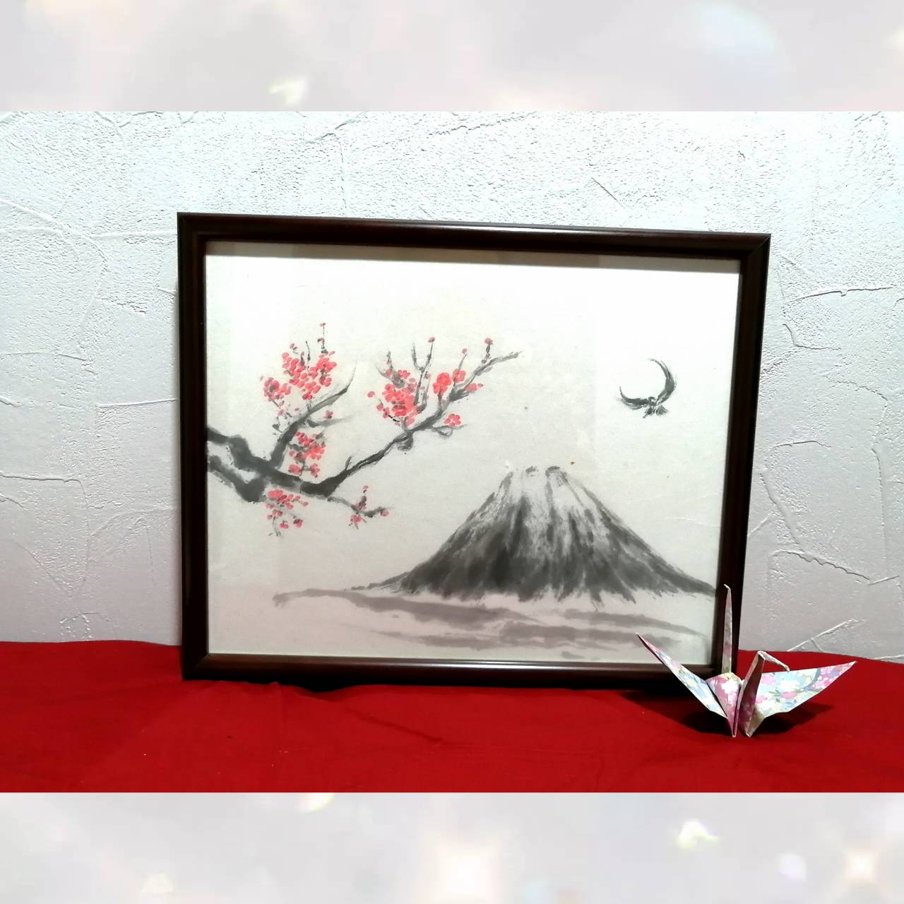 【図案番号(1-9):富士と紅梅】(1人用)水墨画と名前入りポエム