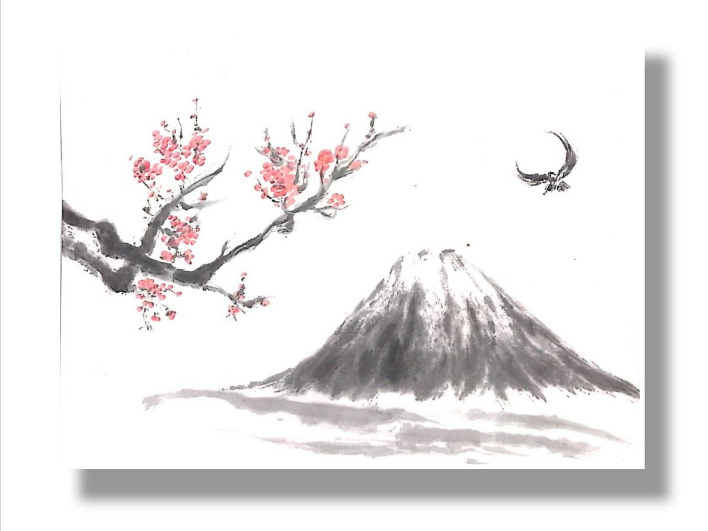 【図案番号(1-9):富士と紅梅】(1人用)水墨画と名前入りポエム