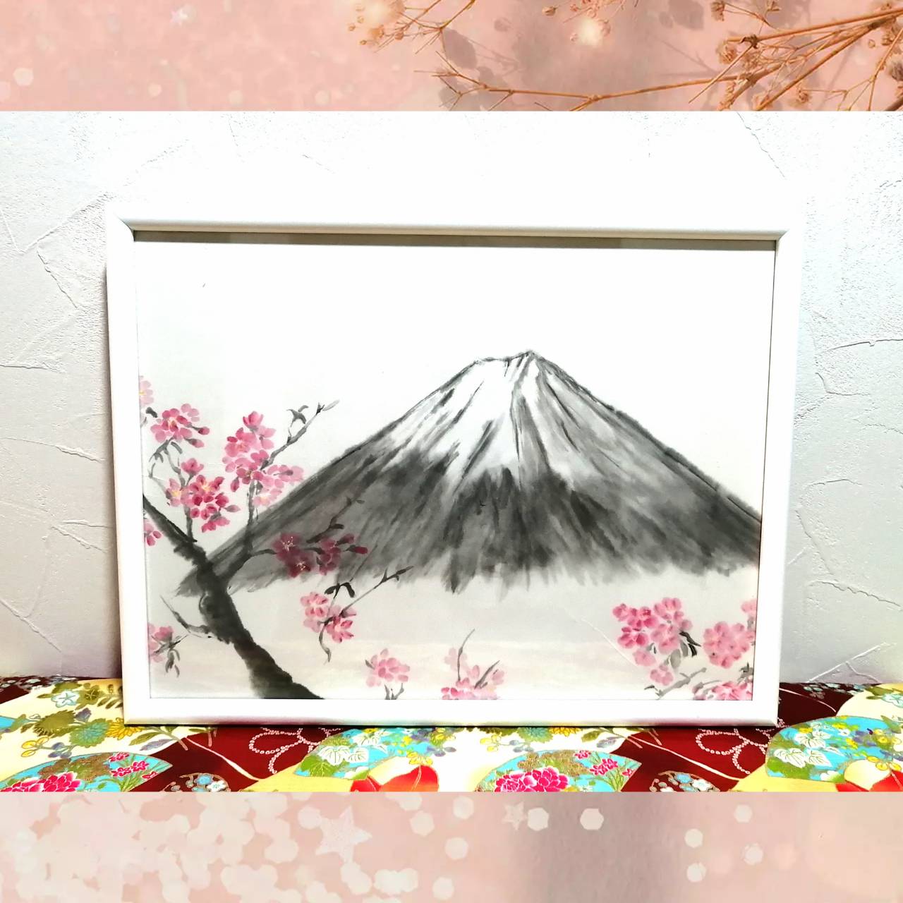 【図案番号(2-14):富士と桜】(1~2人用)水墨画と名前入りポエム