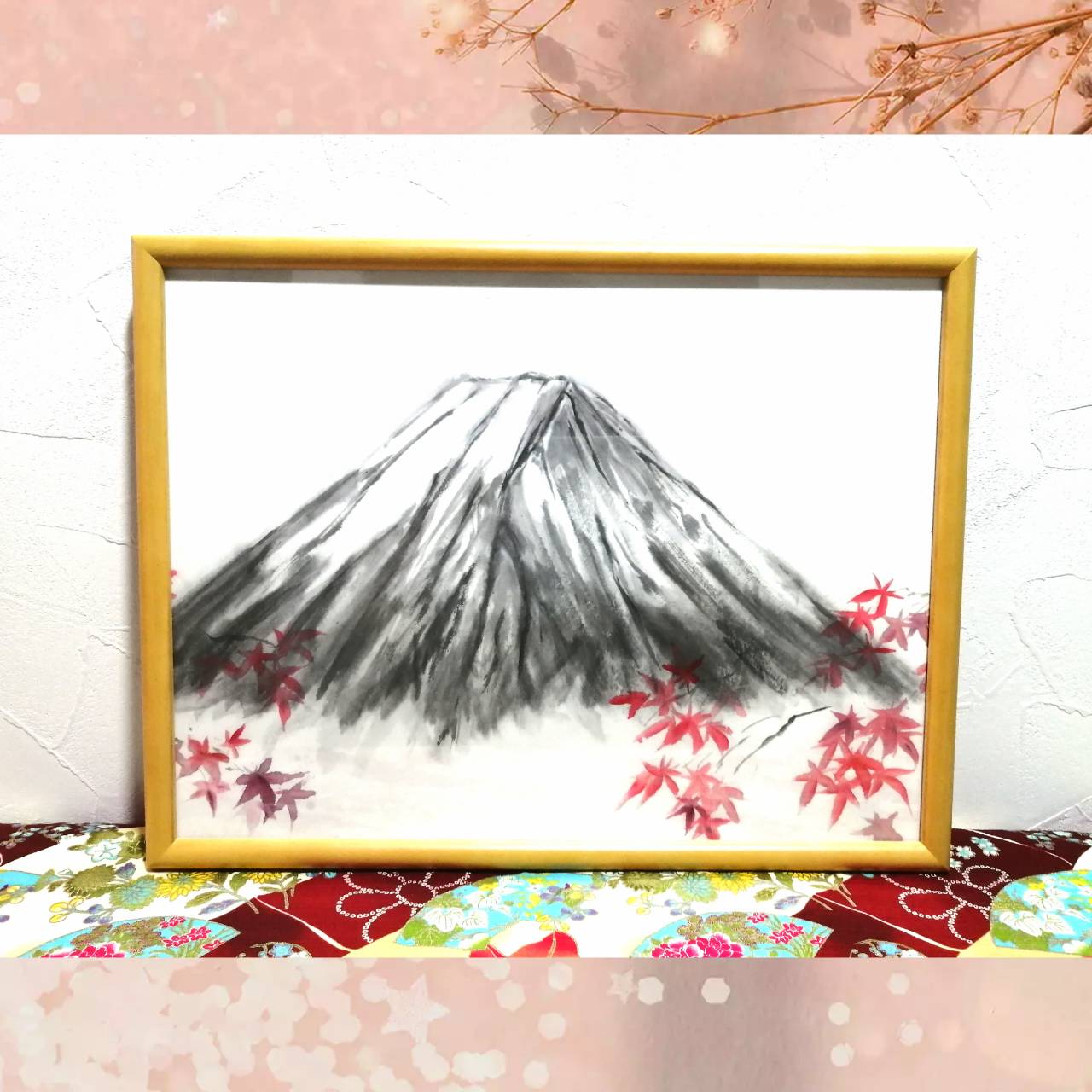【図案番号(2-16):富士と紅葉】(1~2人用)水墨画と名前入りポエム